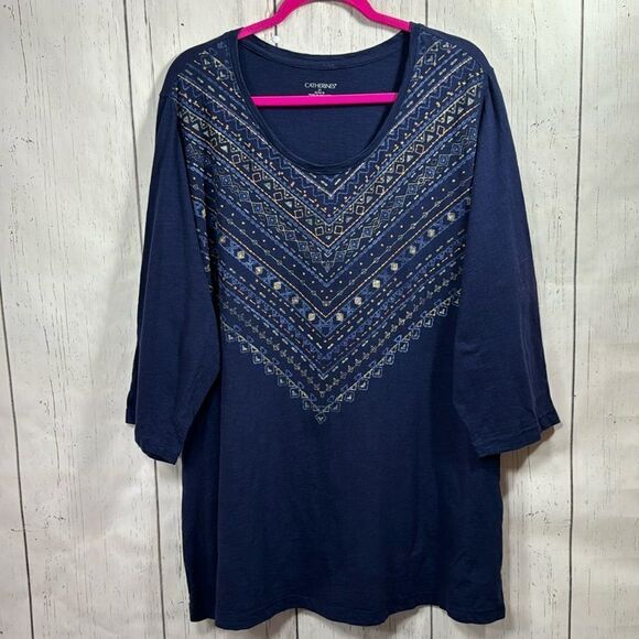 Catherines Tunic Top Boho Chic 100% Cotton Navy Blue 3/4 Quarter Sleeve - Picture 1 of 10